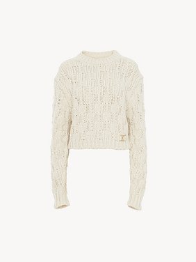 Cropped intarsia knitted sweater in wool blend Wool, silk & cashmere aran knit
Iconic Milk