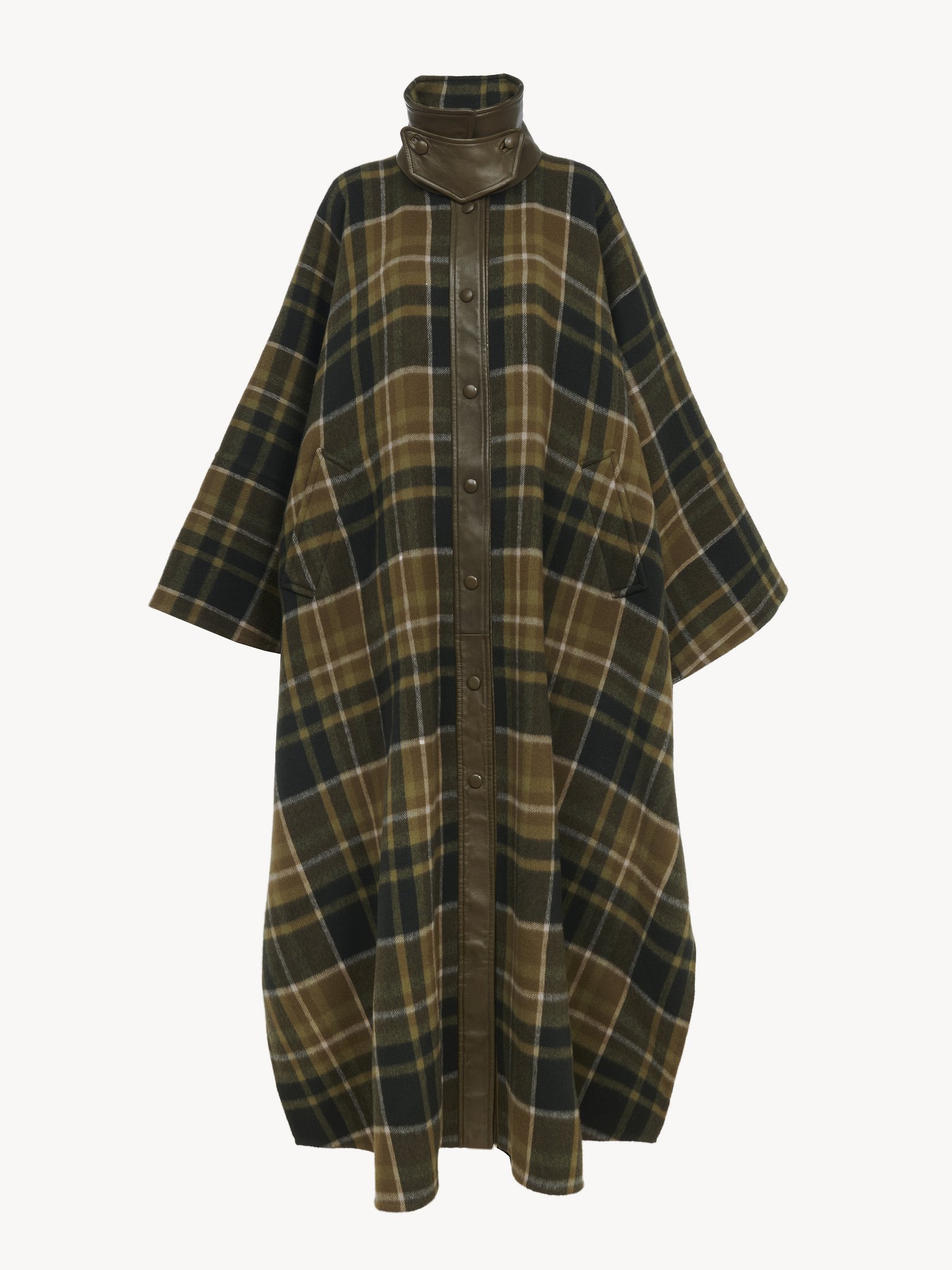 High-neck long coat in double-face wool Lower-impact double-face check wool
Black & Green