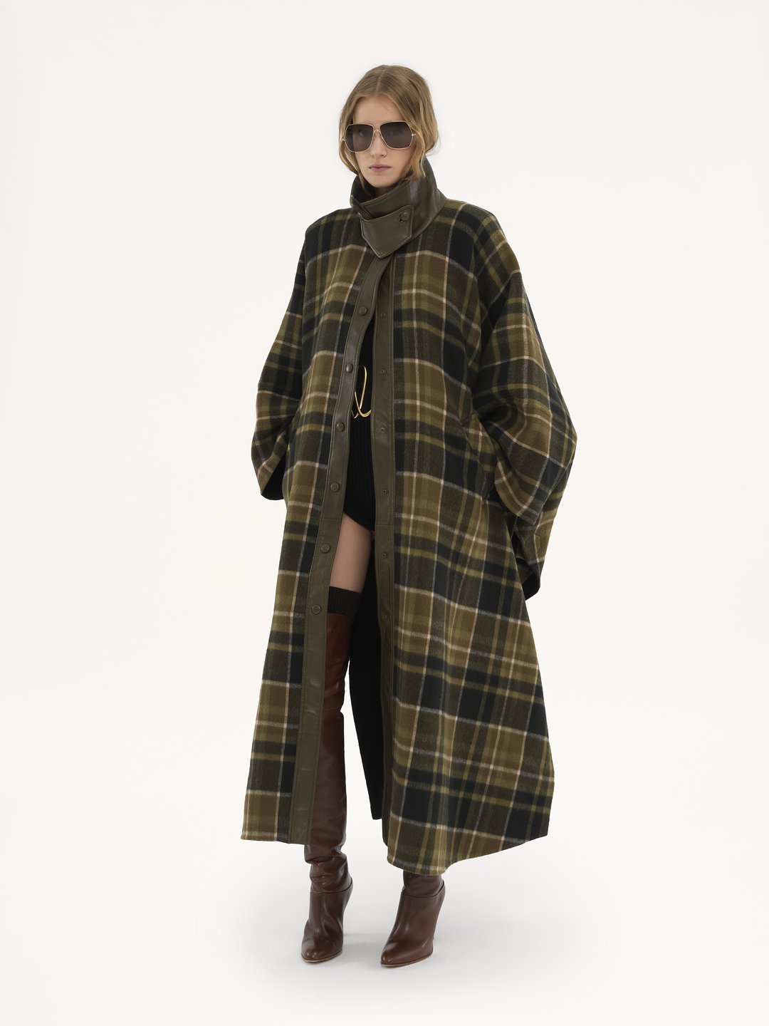 High-neck long coat in double-face wool