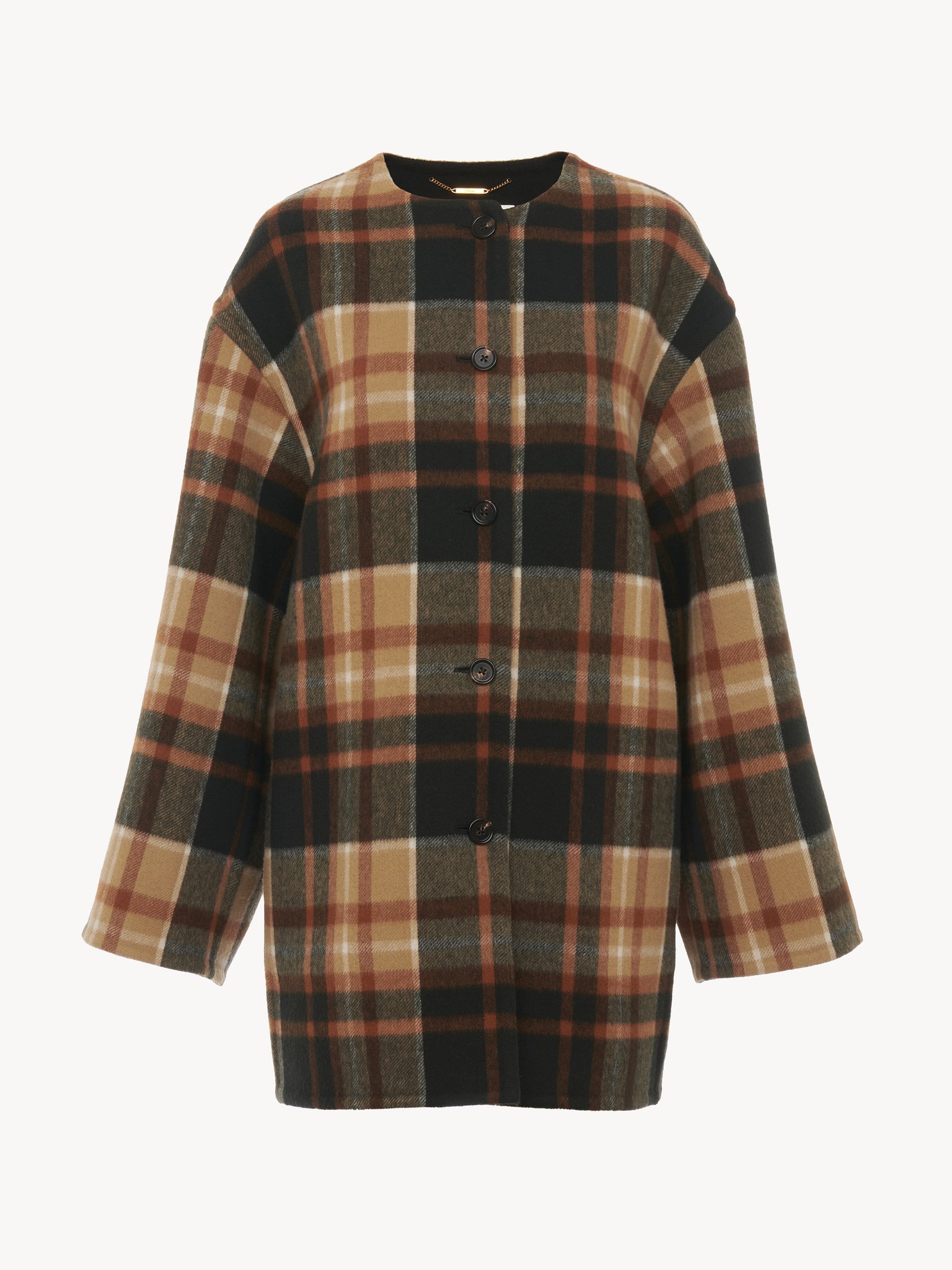 Mid-length coat in checked wool Lower-impact double-face checked wool
Black & Brown