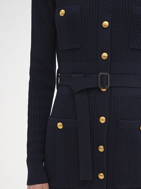 Long fitted cardigan in wool knit Lower-impact multistitch wool knit
Navy 