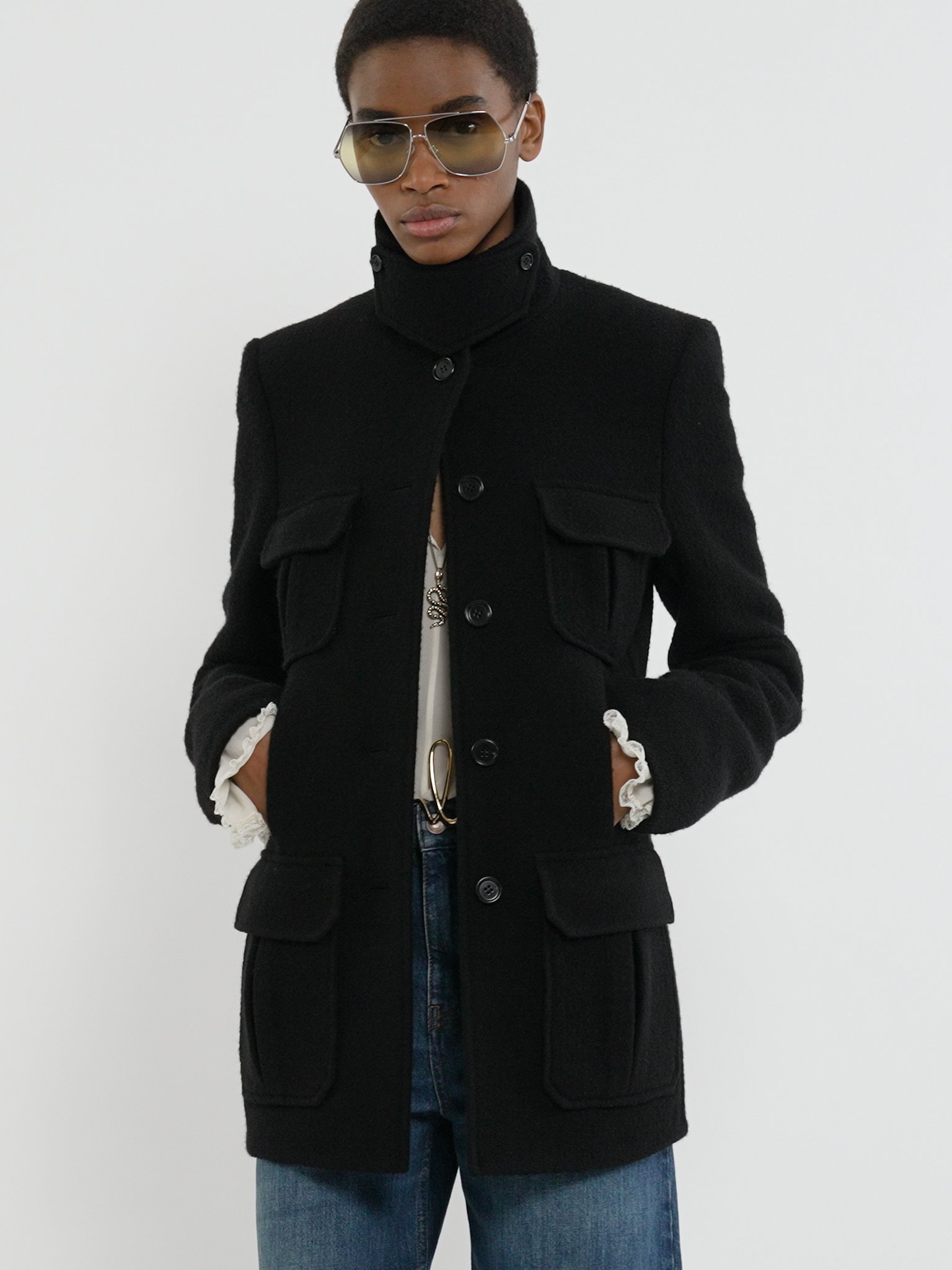 Long officer jacket in bouclé wool Bouclé wool
Black [*** acc_altImage_shotV ***]