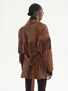 Belted fringed jacket in leather Soft glossy vegetable-tanned leather
Clay Brown Top view of the product