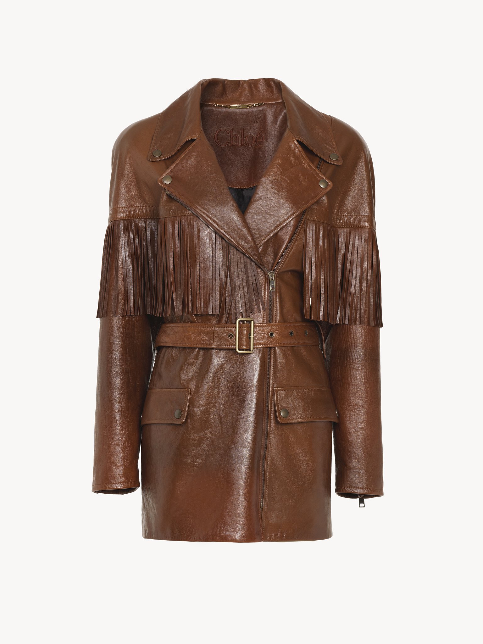 Belted fringed jacket in leather Soft glossy vegetable-tanned leather
Clay Brown