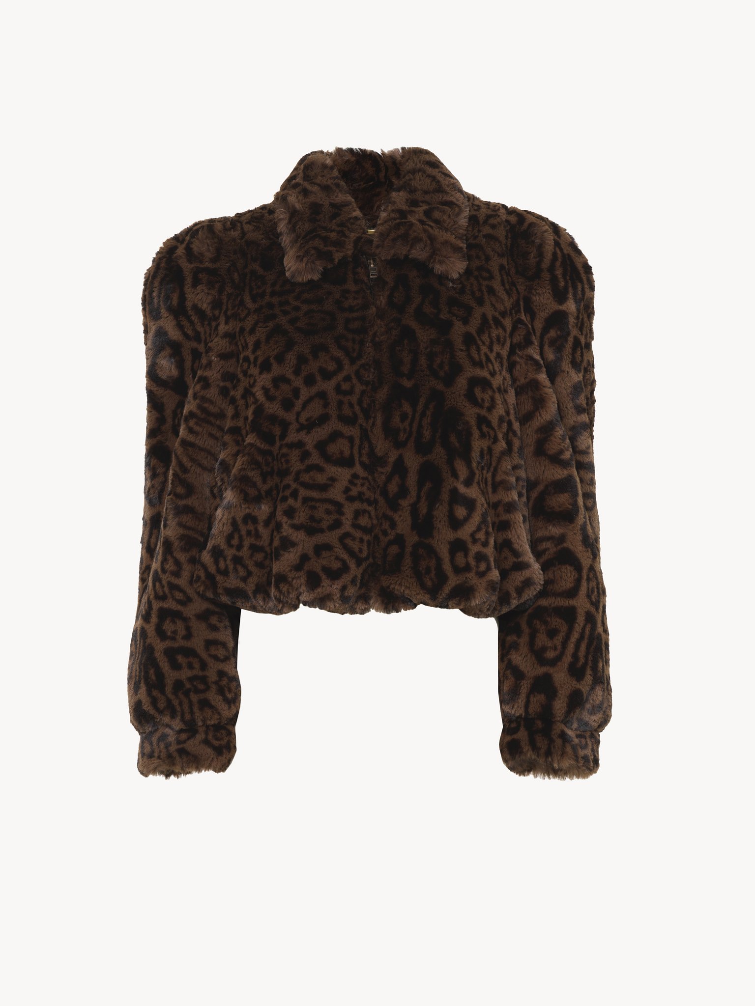 Cropped bomber jacket in faux fur Recycled leopard faux fur
Off Brown