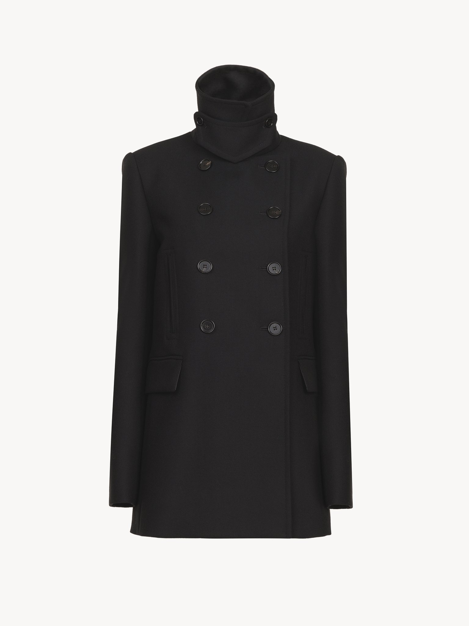 Tailored pea coat in wool gabardine Lower-impact wool gabardine
Black