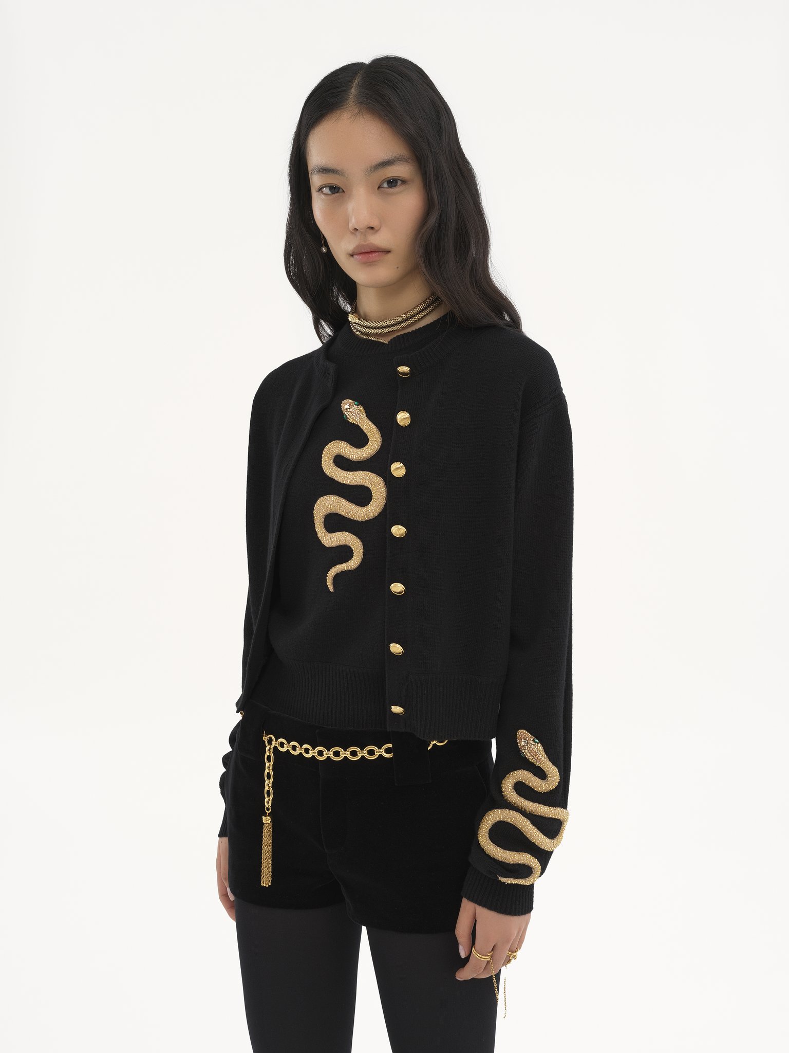 Embroidered cardigan in wool & cashmere knit Snake capsule lower-impact wool knit
Black Product detail