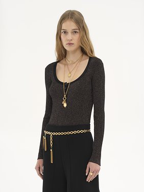 Long-sleeve fitted top in lurex wool knit Lurex ribbed knit
Black Gold Product detail