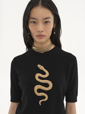 Embroidered short-sleeve sweater in wool & cashmere knit Snake capsule lower-impact wool knit
Black Front view of the product being worn