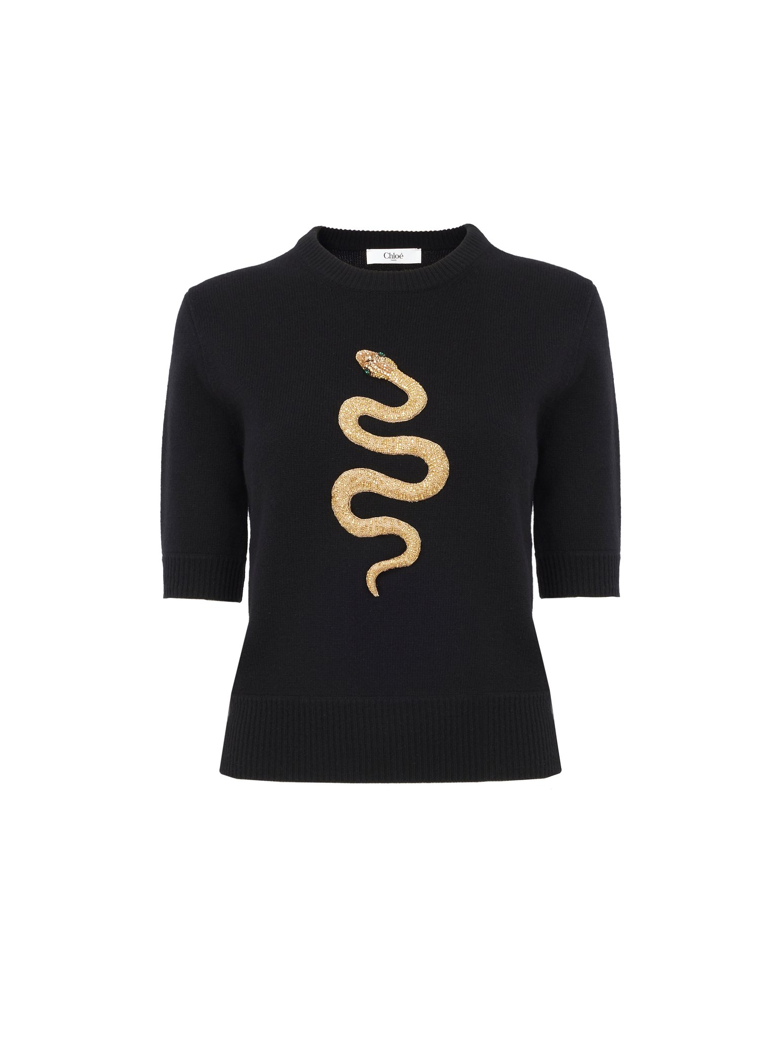 Embroidered short-sleeve sweater in wool & cashmere knit Snake capsule lower-impact wool knit
Black Preview of the product in the shopping bag