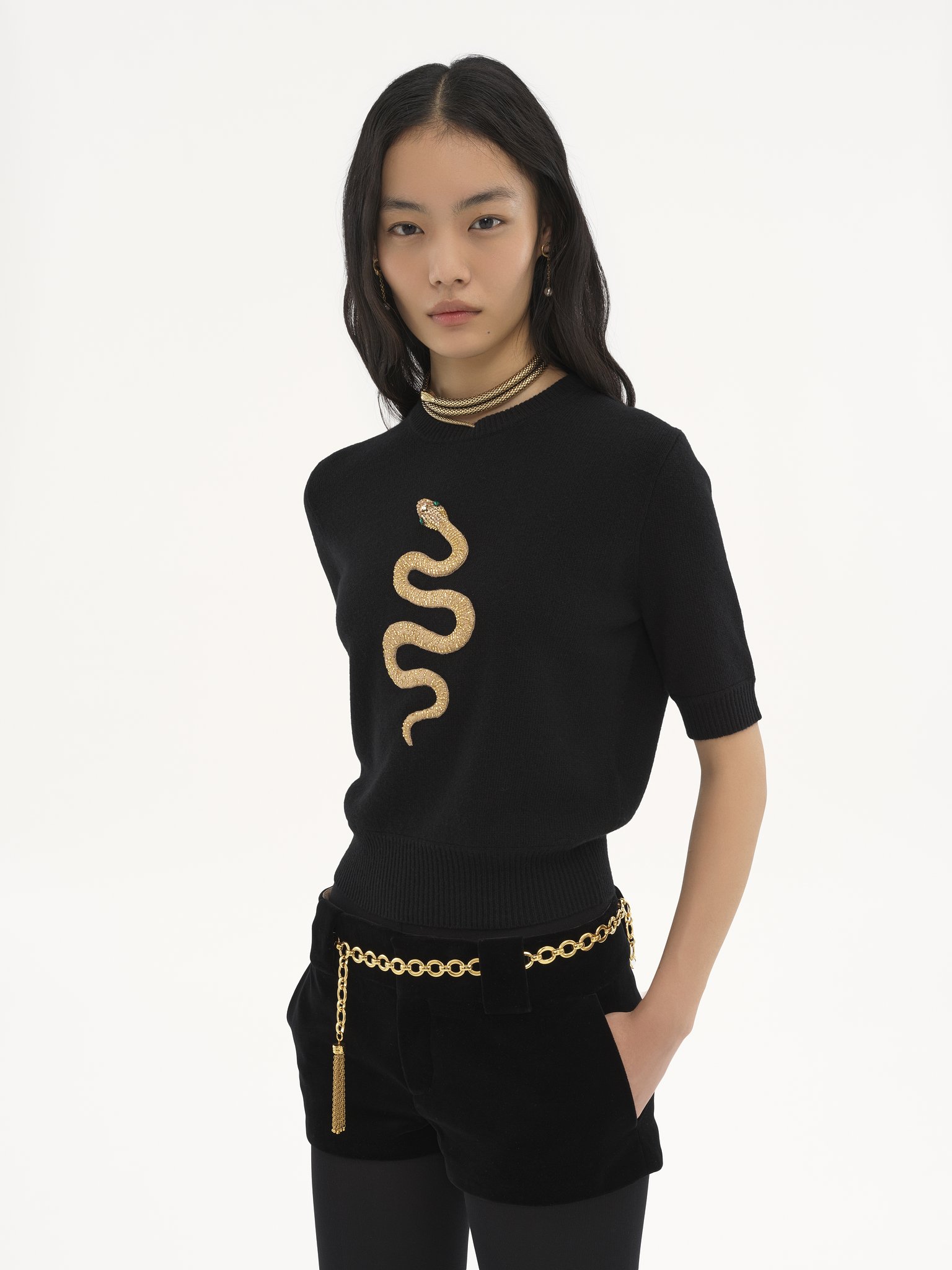 Embroidered short-sleeve sweater in wool & cashmere knit Snake capsule lower-impact wool knit
Black Product detail