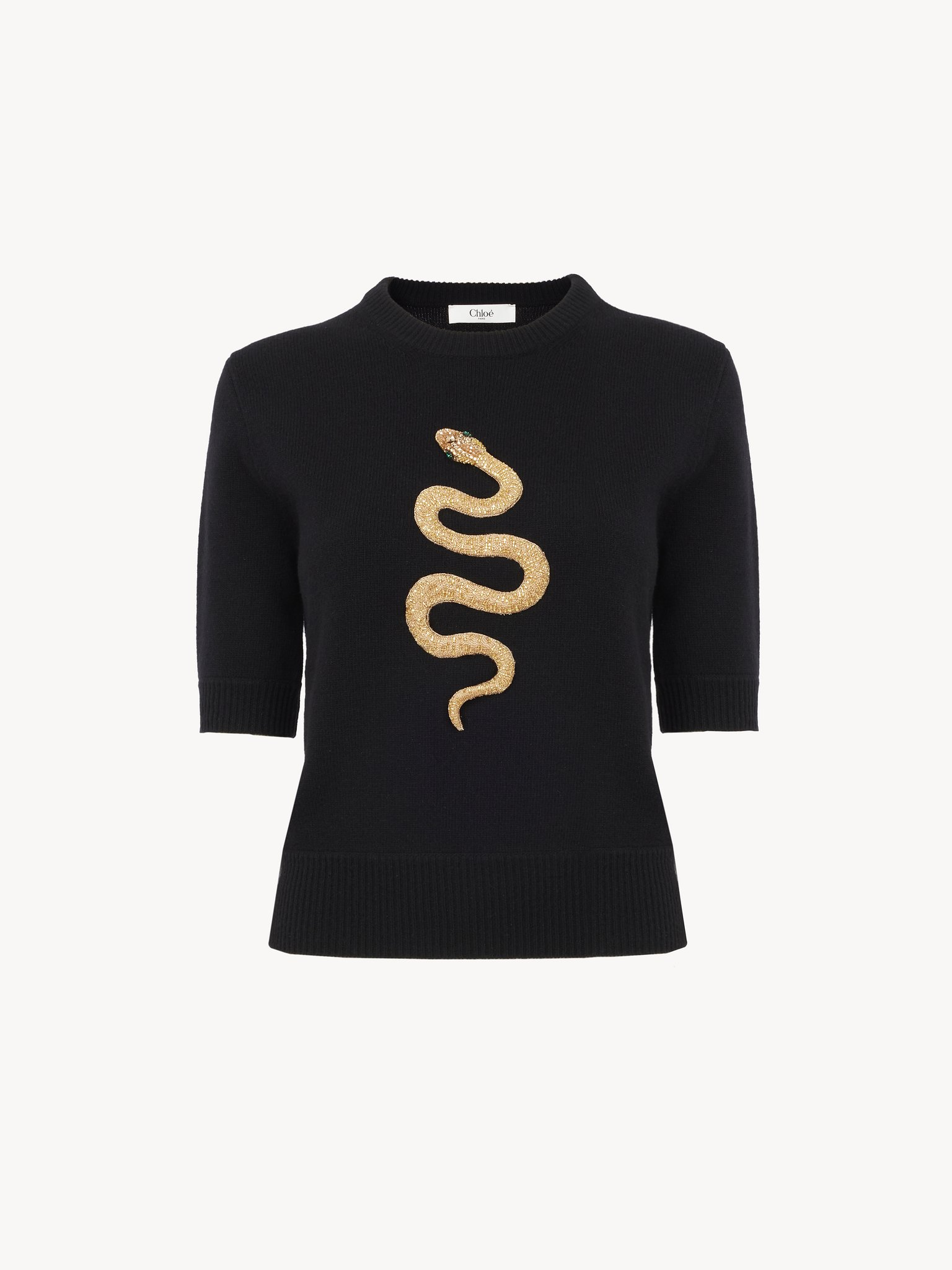 Embroidered short-sleeve sweater in wool & cashmere knit Snake capsule lower-impact wool knit
Black