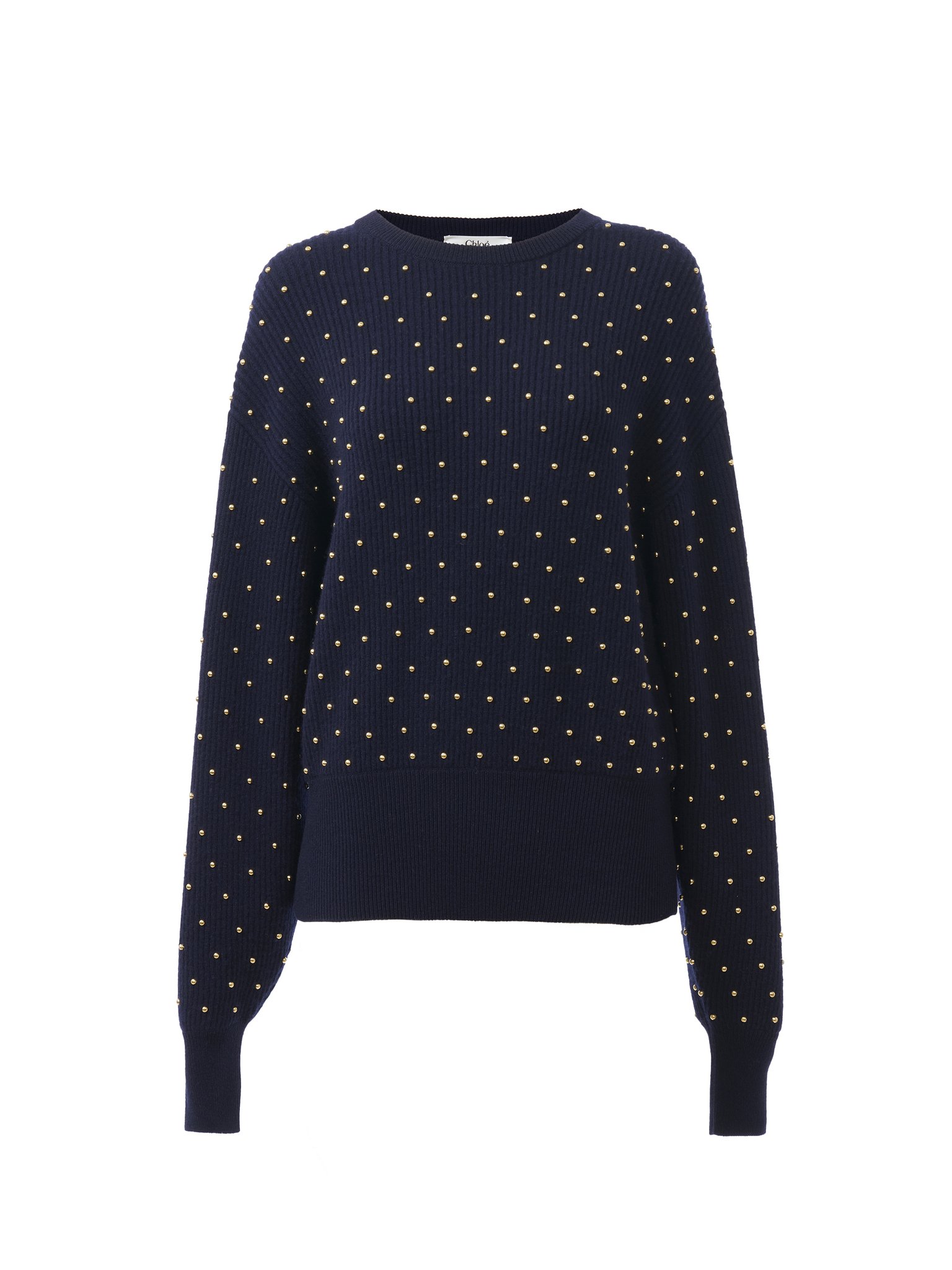 Studded crew-neck sweater in wool & cashmere knit Lower-impact wool studded ribbed knit
Classic Navy 