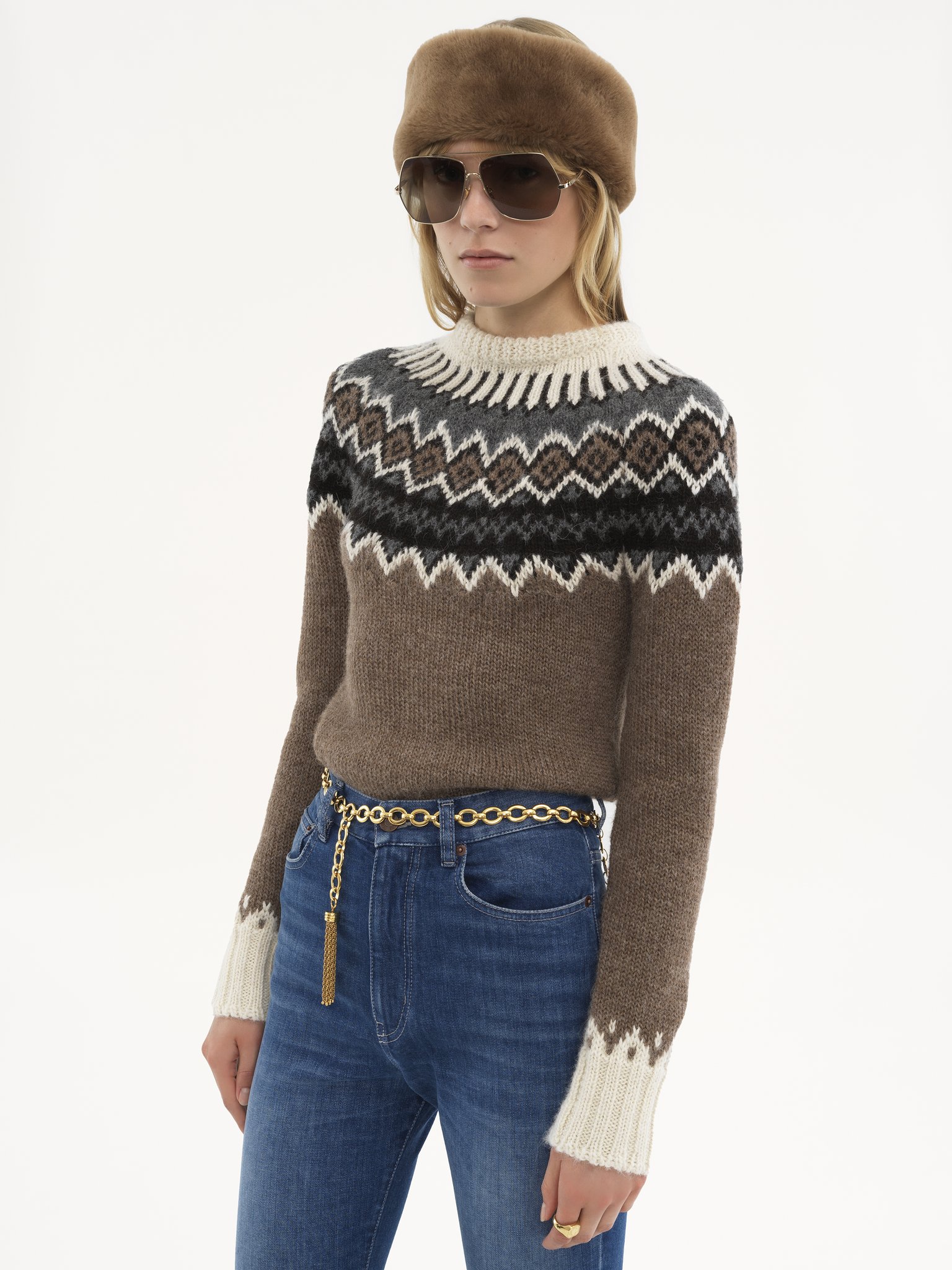 Mock-neck fitted sweater in Fair Isle wool knit Wool light Fair Isle
Brown & Beige Product detail