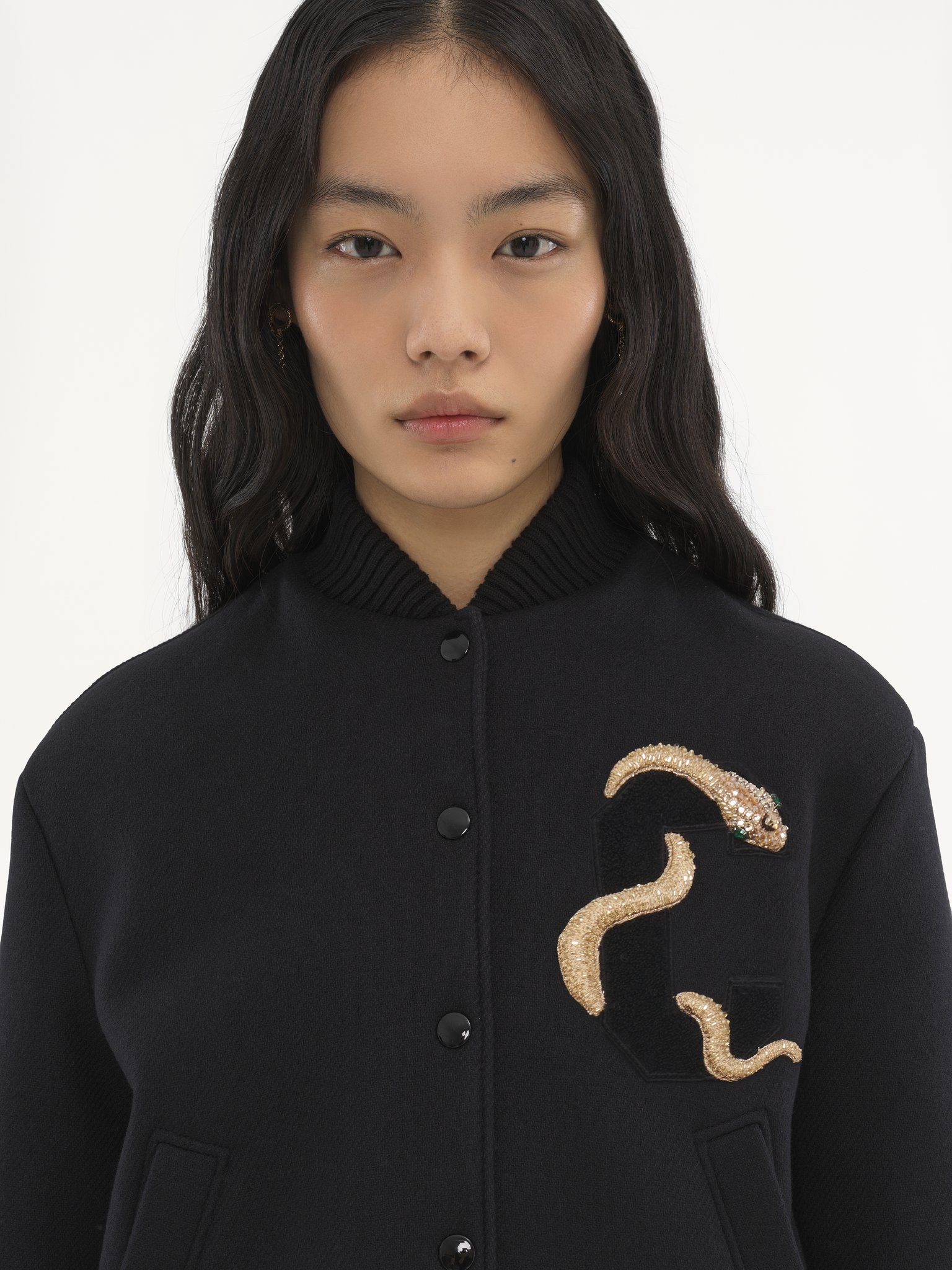 Embroidered bomber jacket in wool drill Snake capsule soft wool drill
Black Front view of the product being worn