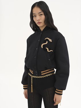 Embroidered bomber jacket in wool drill Snake capsule soft wool drill
Black Product detail