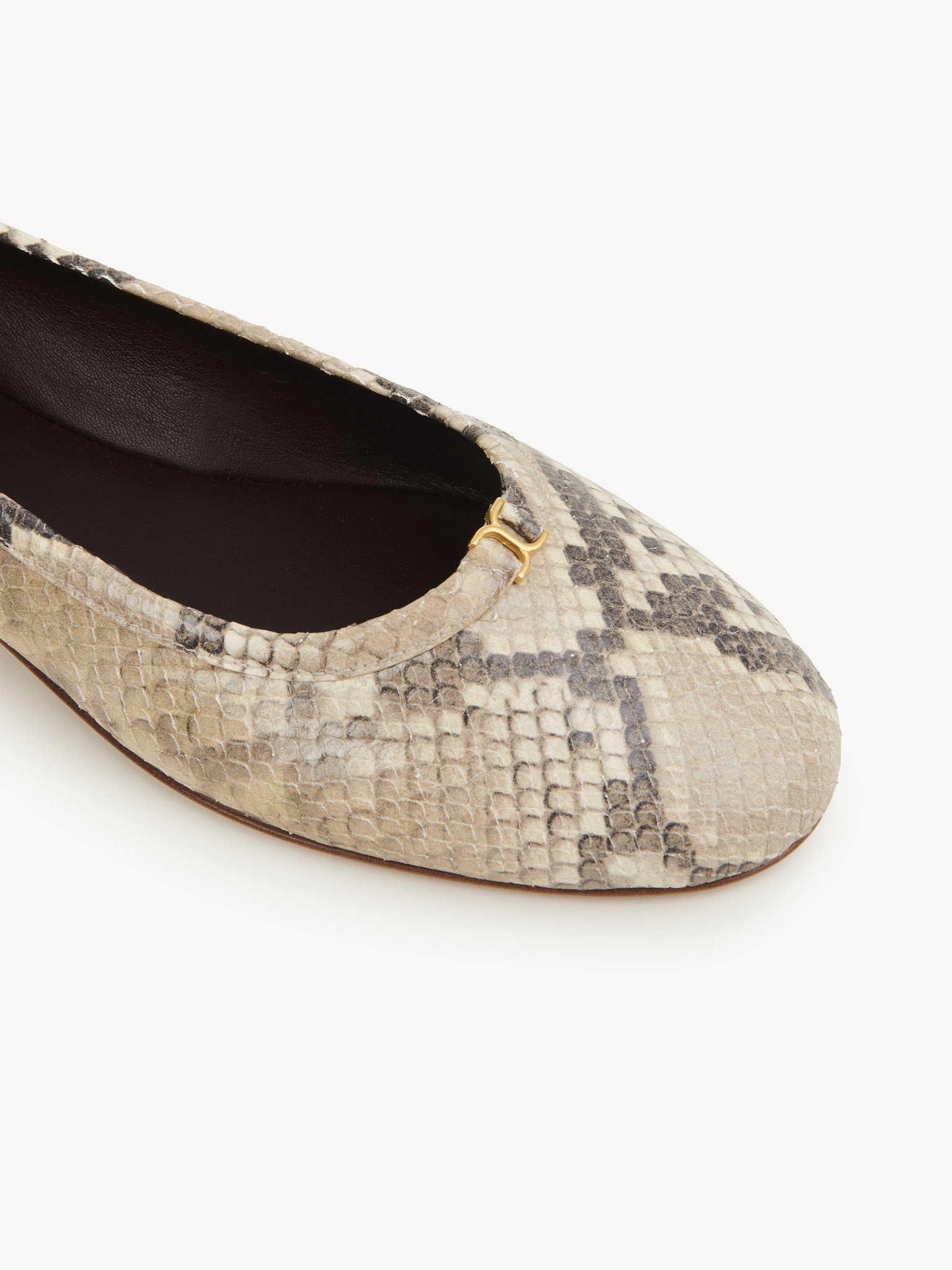 Marcie ballerina Python-print goatskin
Misty Beige Front view of the product being worn