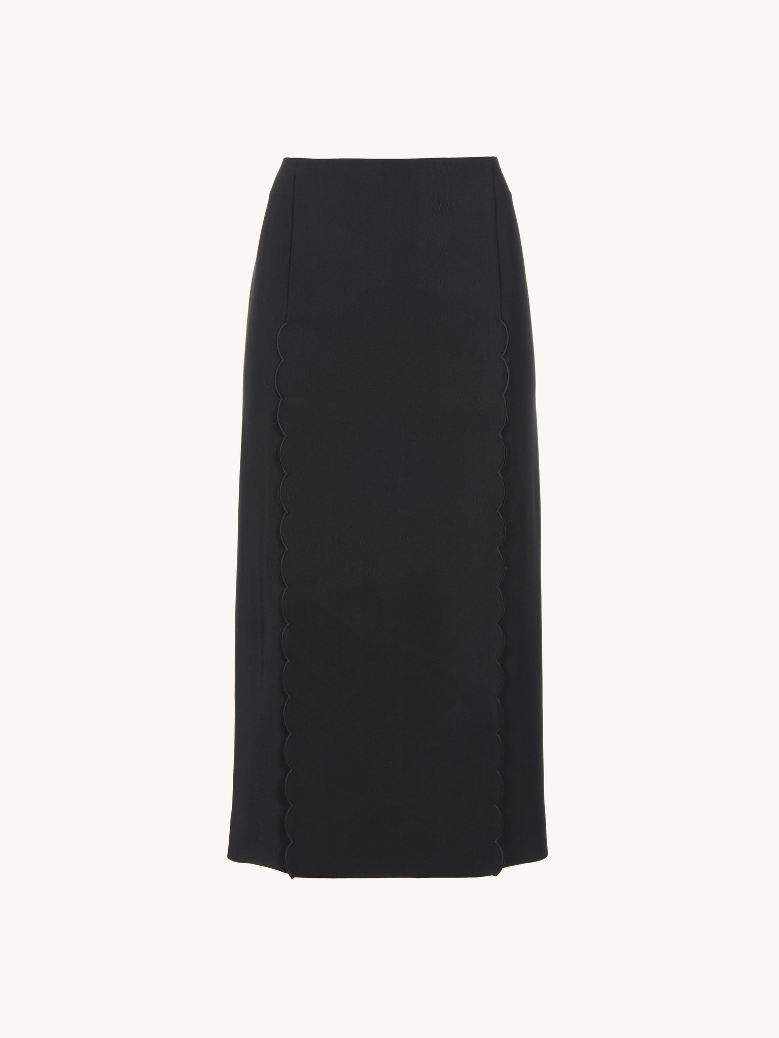 Scallop embroidered column skirt in fluid viscose Soft viscose & wool twill
Black