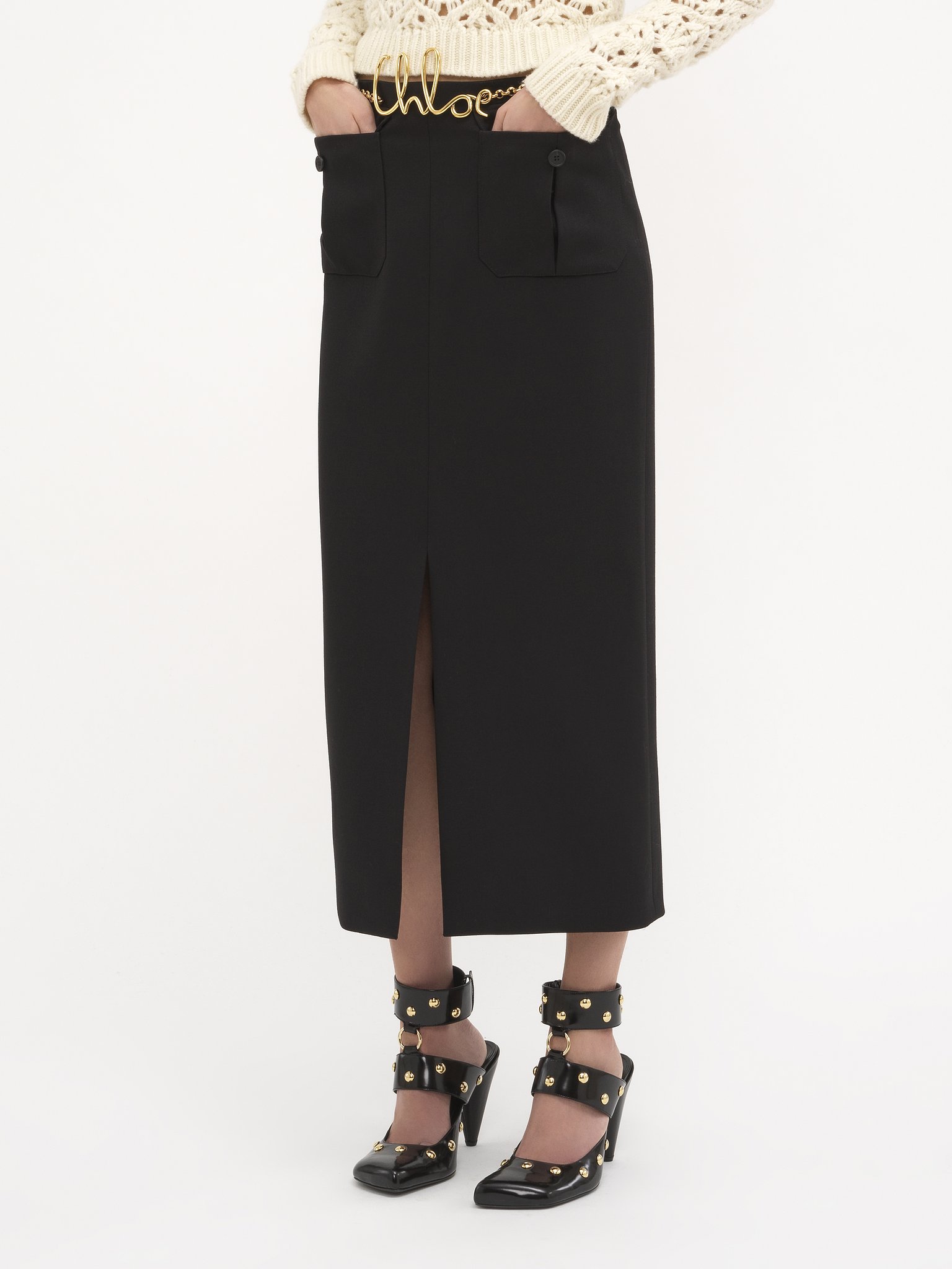 Midi skirt in wool grain de poudre Lower-impact stretch wool grain de poudre
Black Product detail