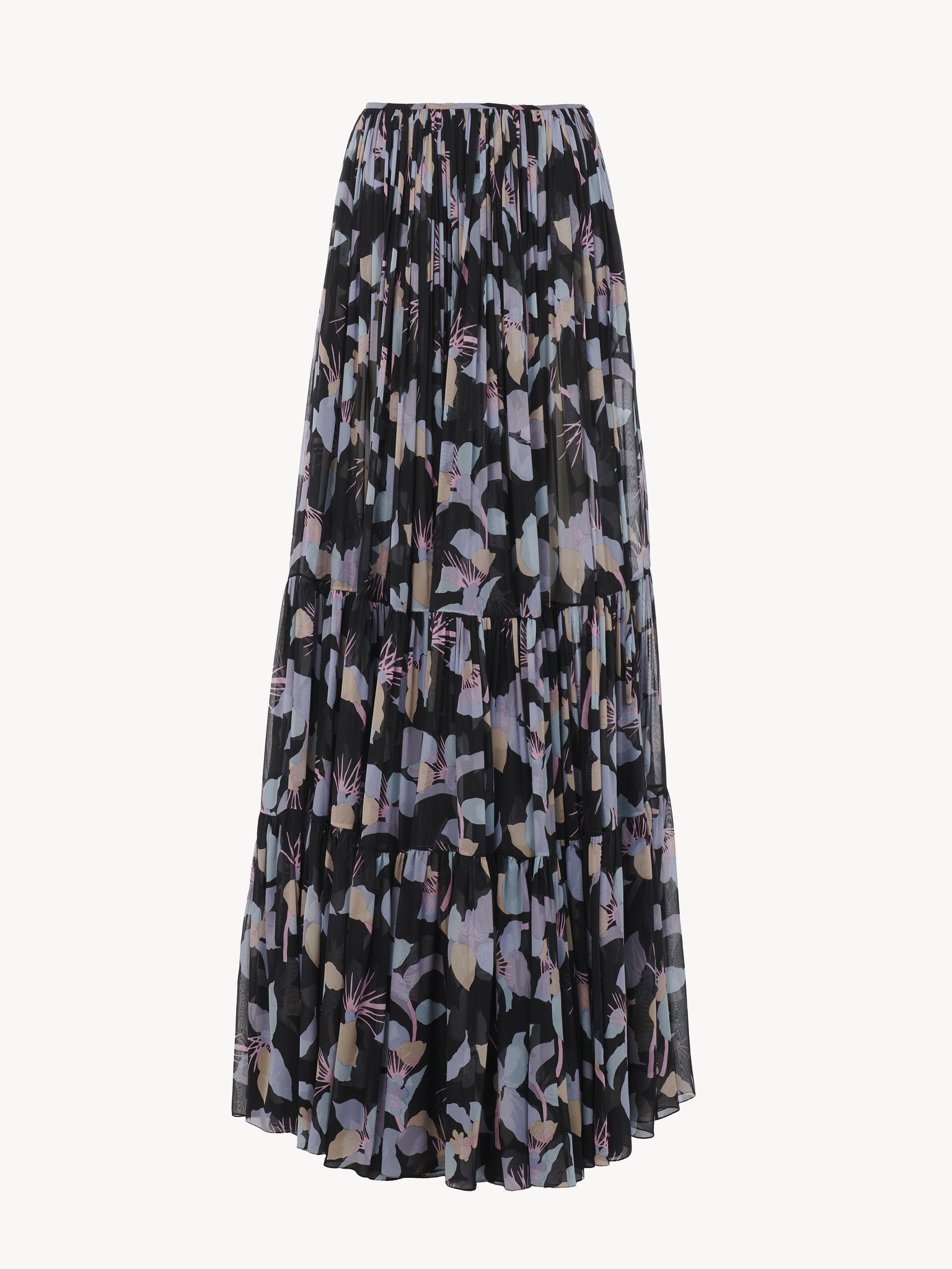 Gathered maxi skirt in silk georgette Floral print on organic silk georgette
Black