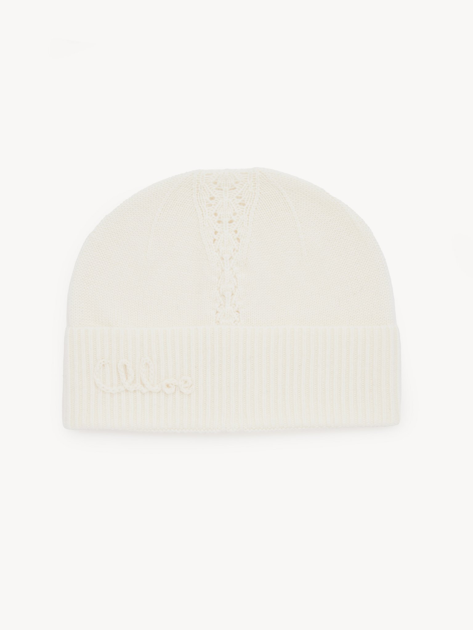 The Chloé Lace Knit beanie in wool & lace jacquard Merino wool & lace jacquard
Off White