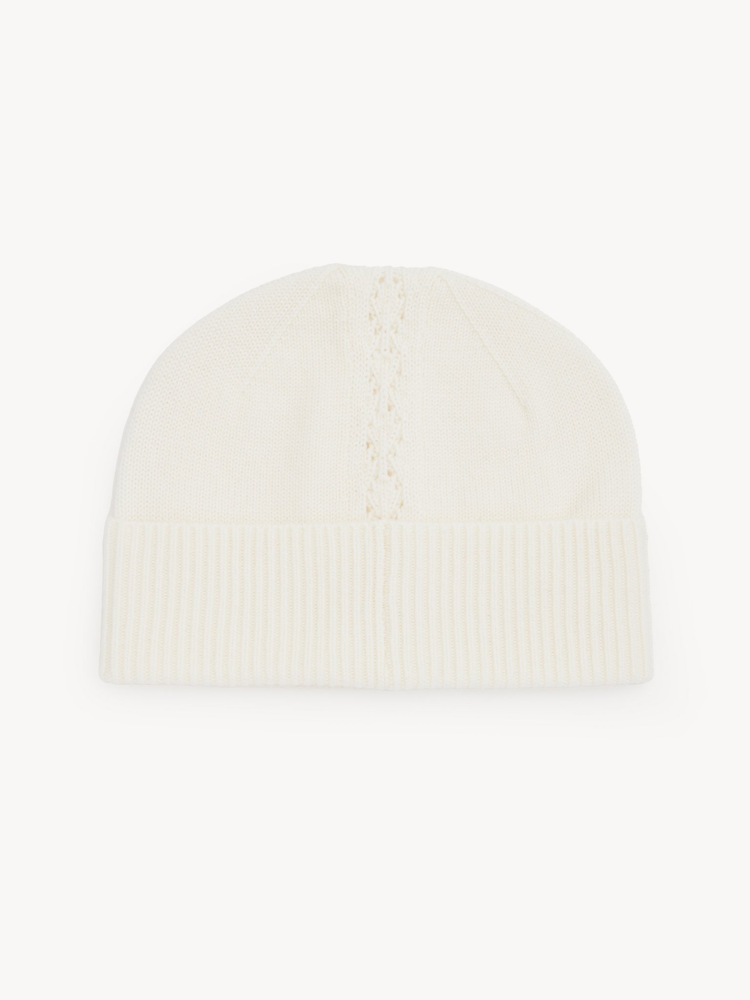 The Chloé Lace Knit beanie in wool & lace jacquard Merino wool & lace jacquard
Off White Front view of the product being worn