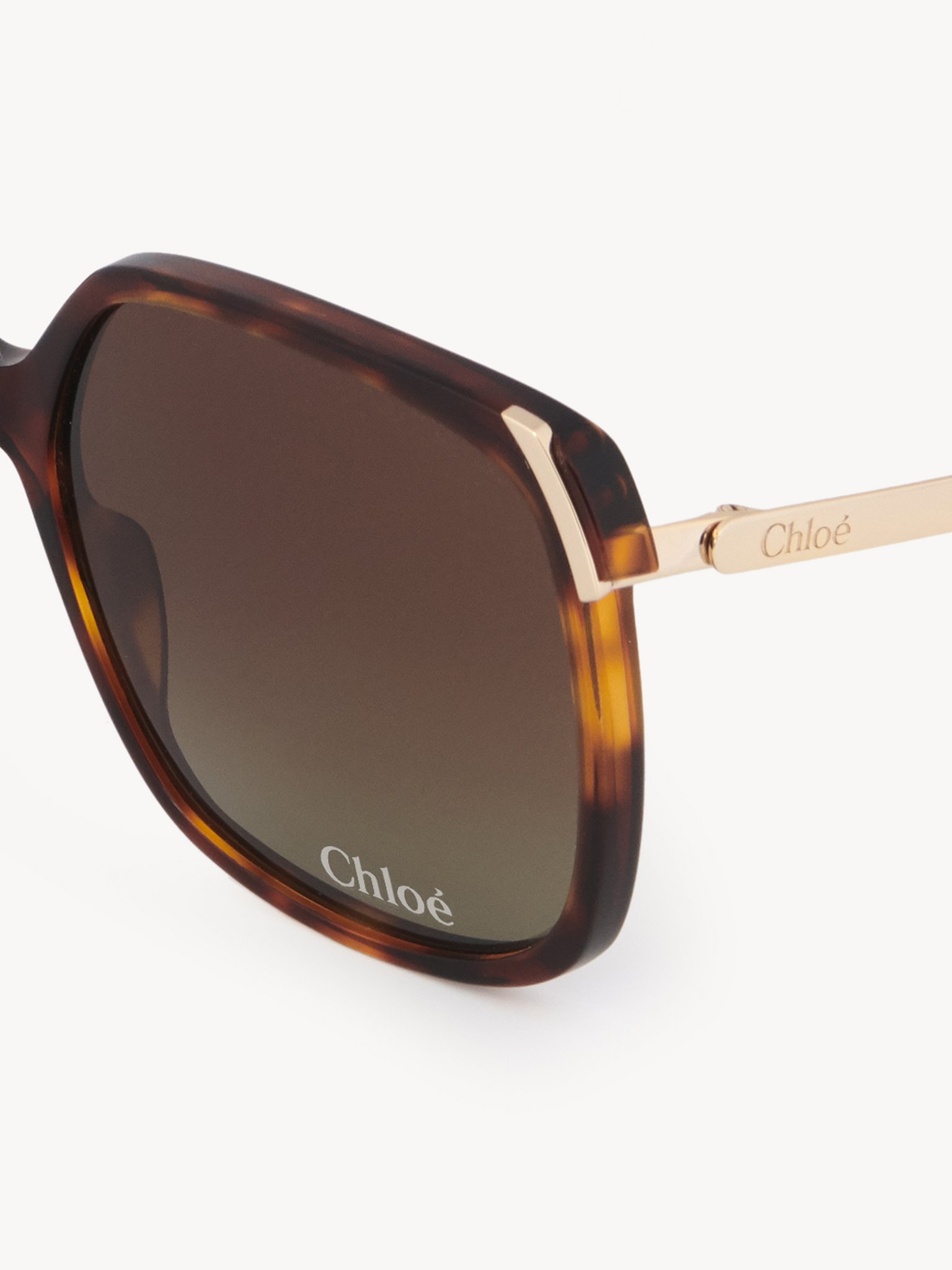 Aly sunglasses Havana lower-impact acetate, gold metal & bio-based nylon
Gradient brown lenses Top view of the product