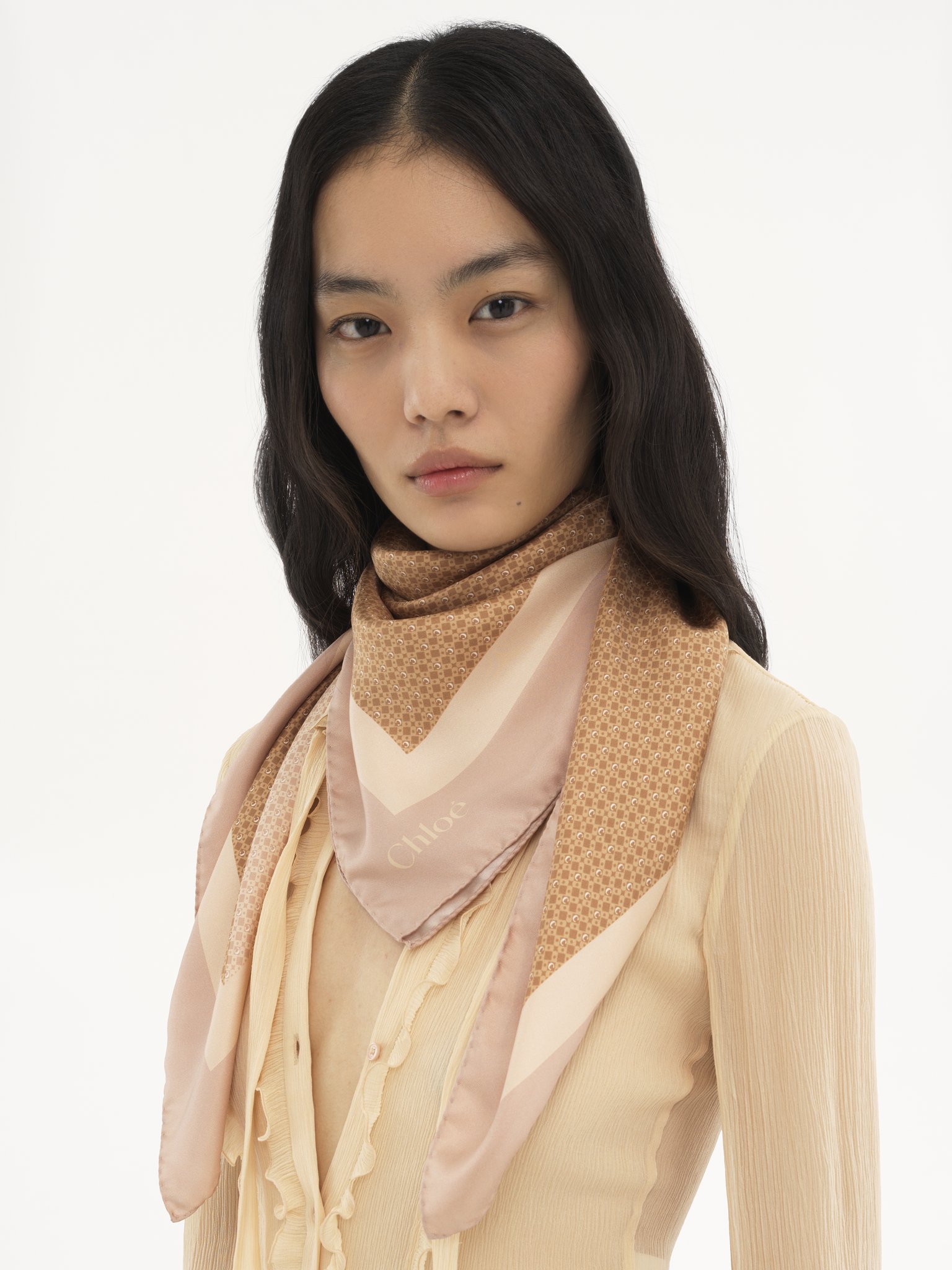 The Chloé Mini Tie-Print scarf in silk Mini tie print on organic silk
Delicate Beige Back view of the product