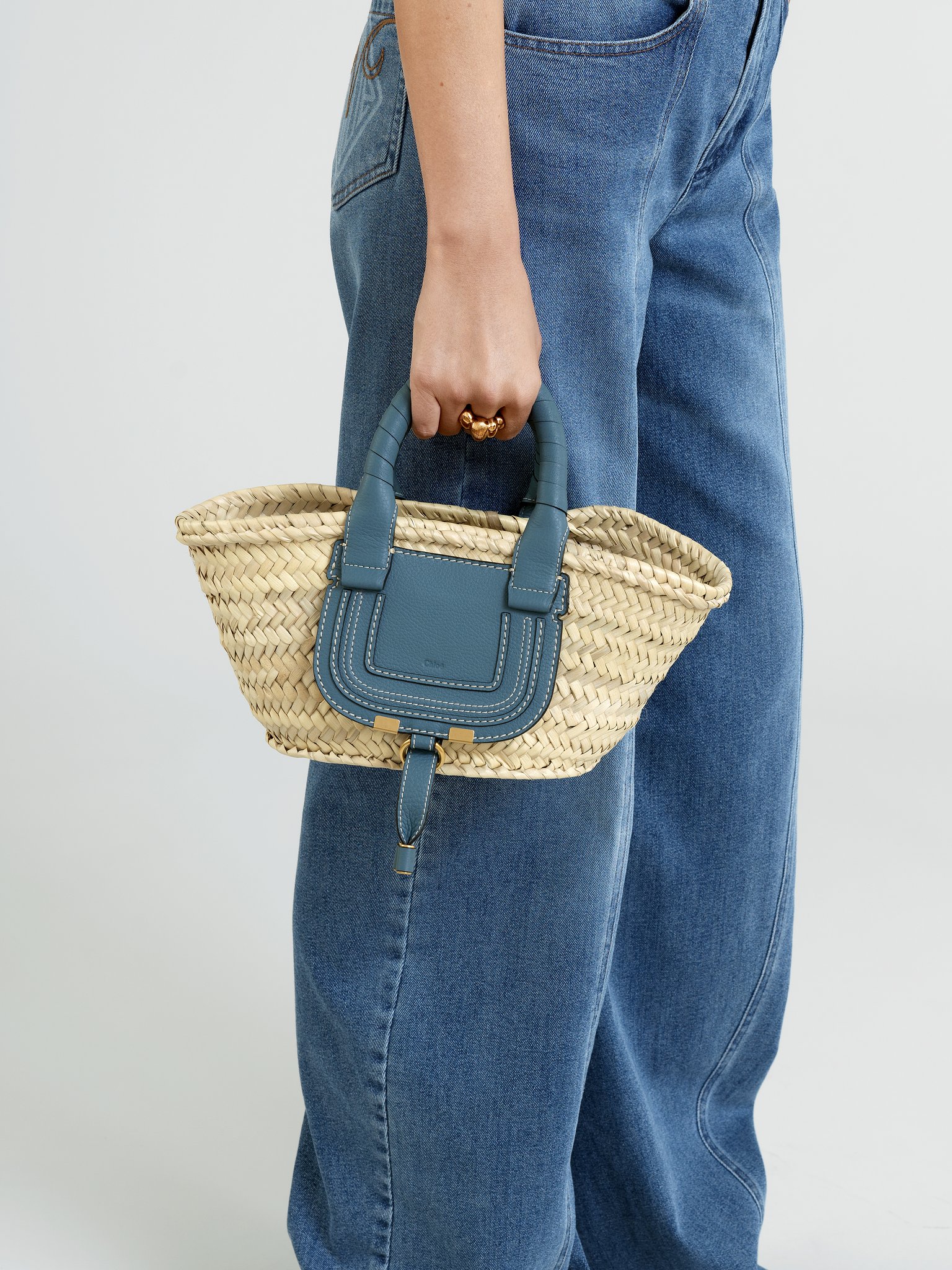 small square basket bag in textile and calfskin