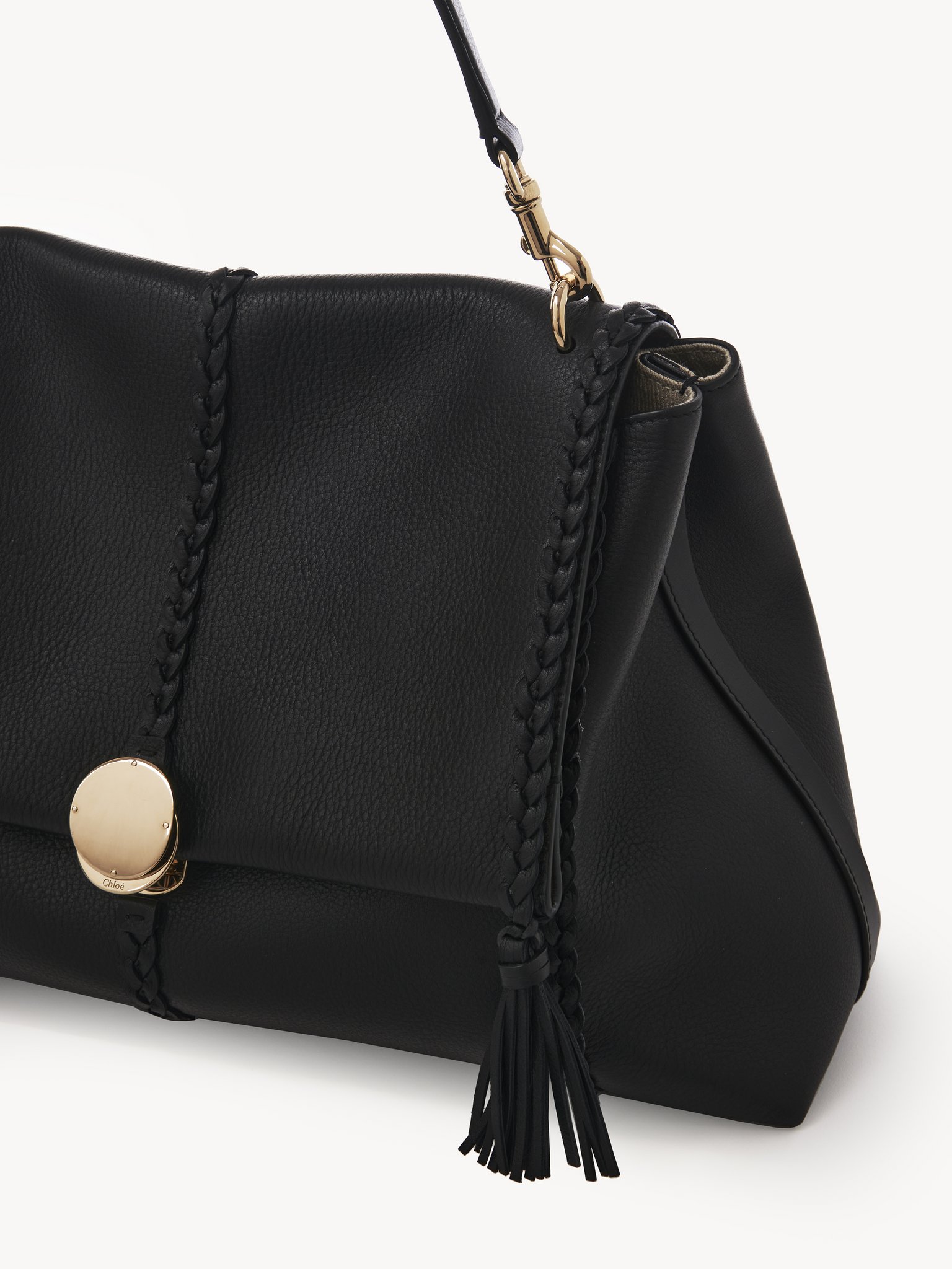 Large Penelope soft shoulder bag in grained leather Grained bull leather with leather braids
Black 