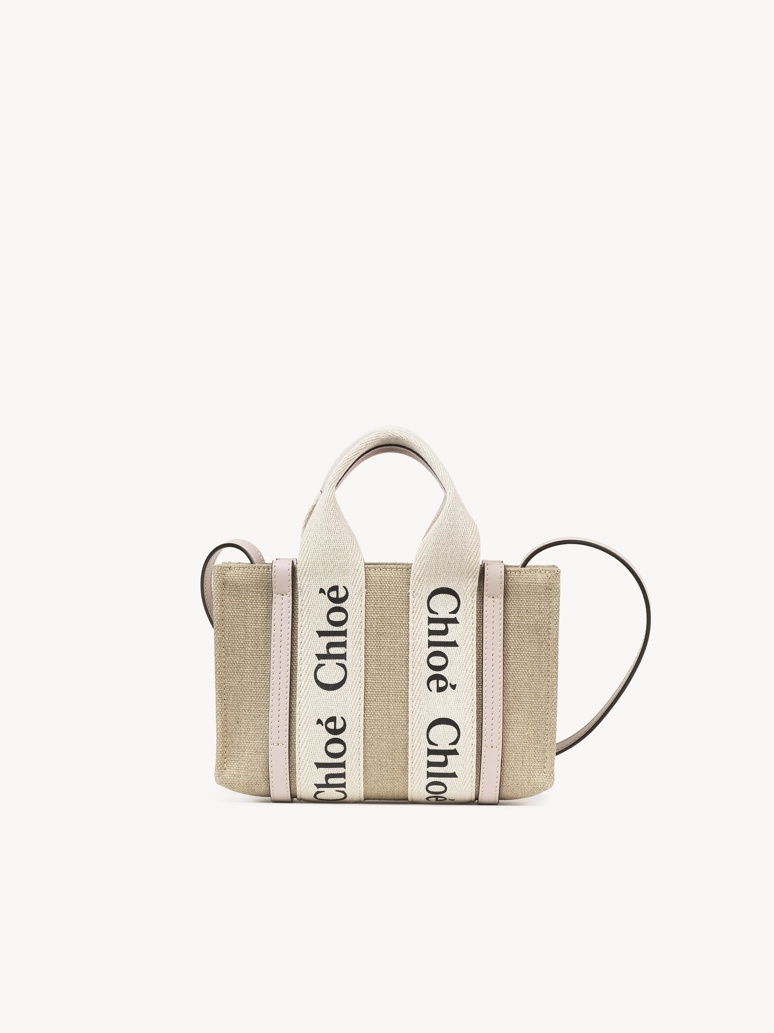 Mini Woody tote bag in linen Linen canvas & shiny calfskin with Chloé logo
Cement Pink