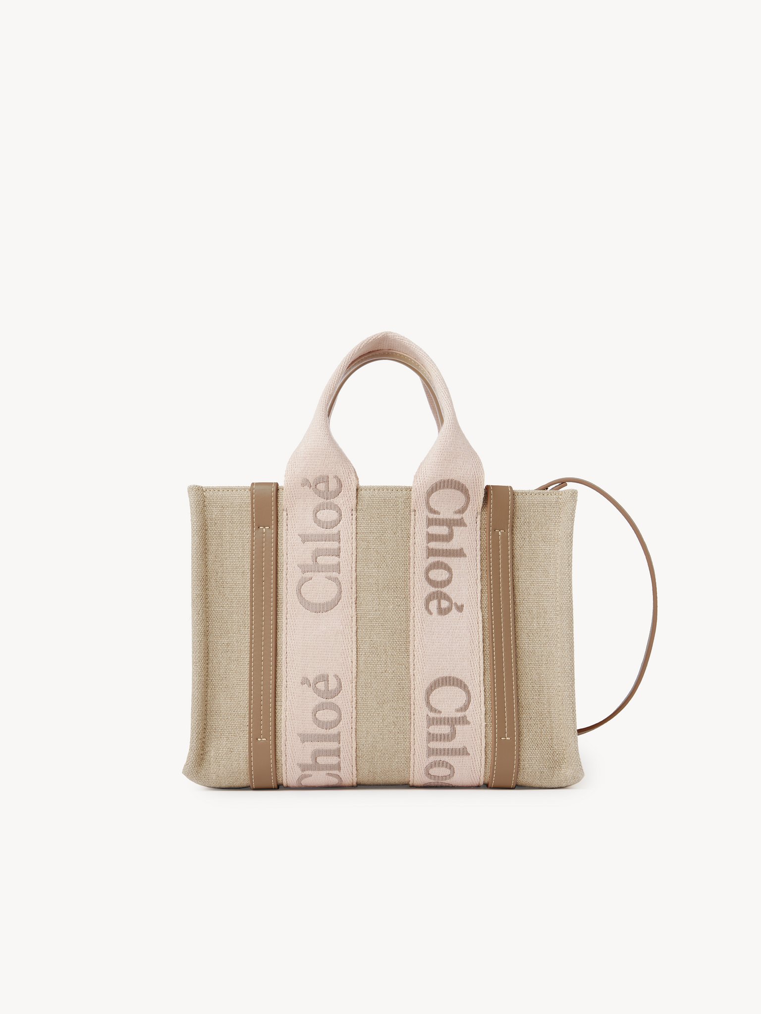 Small Woody tote bag in linen Linen canvas, calfskin & webbing with Chloé logo
Blushy Beige