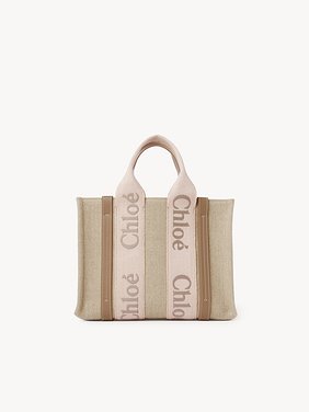 Small Woody tote bag in linen Linen canvas, calfskin & webbing with Chloé logo
Blushy Beige Back view of the product