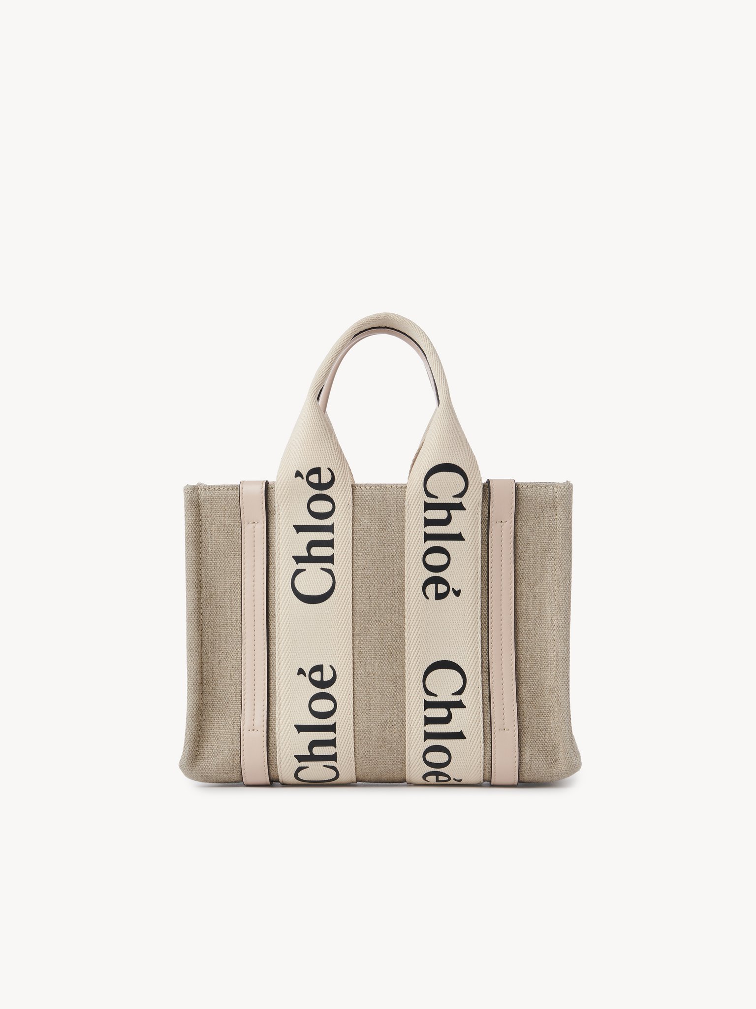 Small Woody tote bag in linen Linen canvas & shiny calfskin with Chloé logo
Cement Pink 