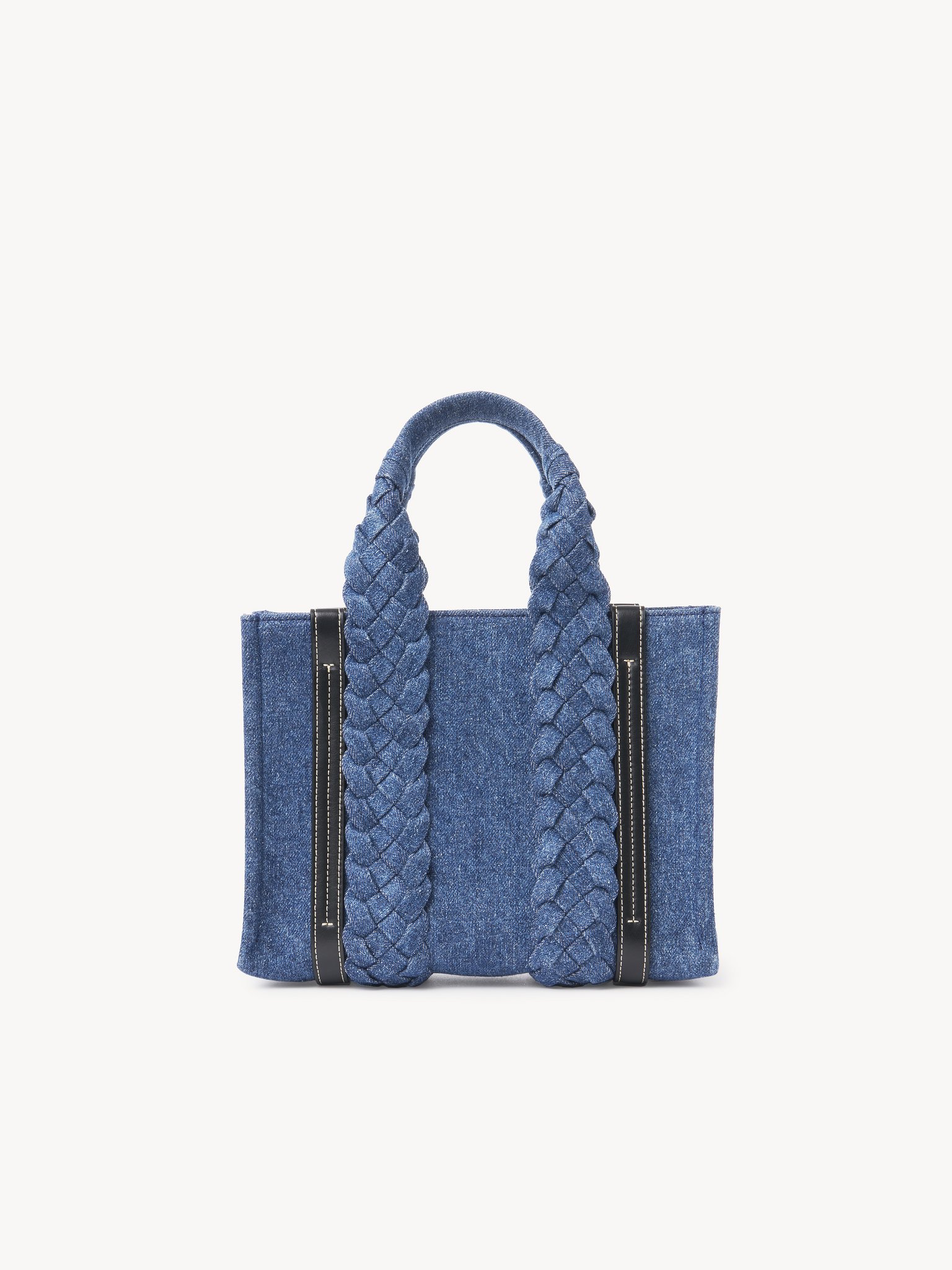 Small Woody tote bag in denim Recycled cotton denim & shiny calfskin with braided handles
Denim 