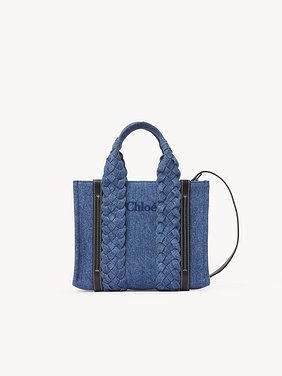 Small Woody tote bag in denim Recycled cotton denim & shiny calfskin with braided handles
Denim