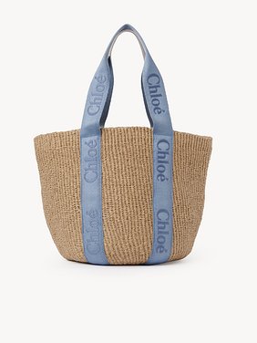 Large Woody tote bag in natural fibres Fair-trade paper, calfskin and webbing with Chloé logo
Washed Blue