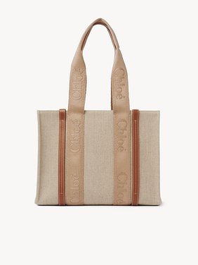 Woody tote bag in linen Linen canvas, calfskin & webbing with Chloé logo
Soft Tan