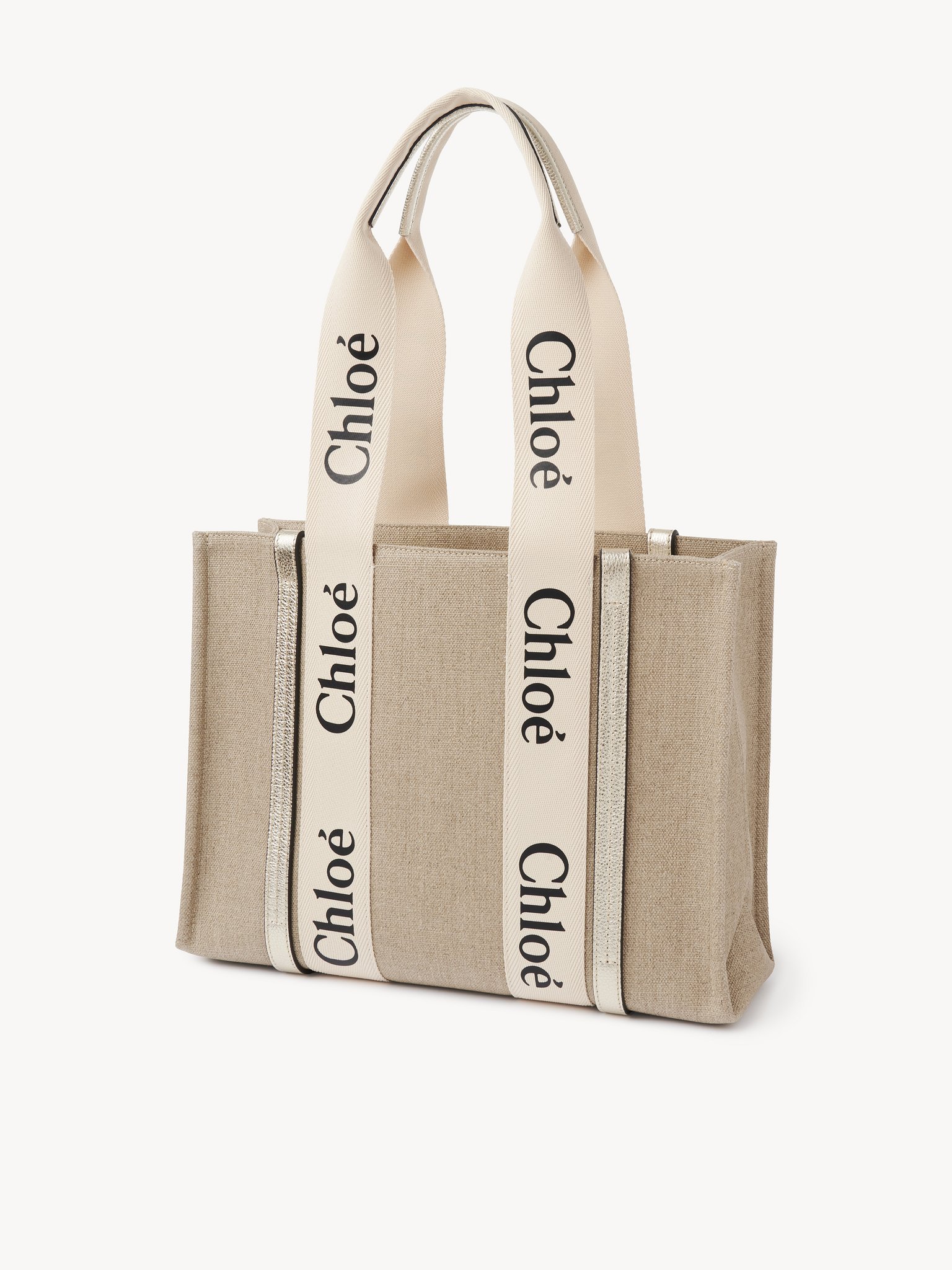 Woody tote bag in linen Linen & metallised calfskin with Chloé logo
Light Gold Product detail