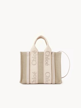 Small Woody tote bag in linen Linen canvas, calfskin and webbing with Chloé logo embroidery
Wild Grey