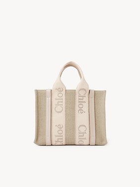 Small Woody tote bag in linen Linen canvas, calfskin and webbing with Chloé logo embroidery
Wild Grey Back view of the product