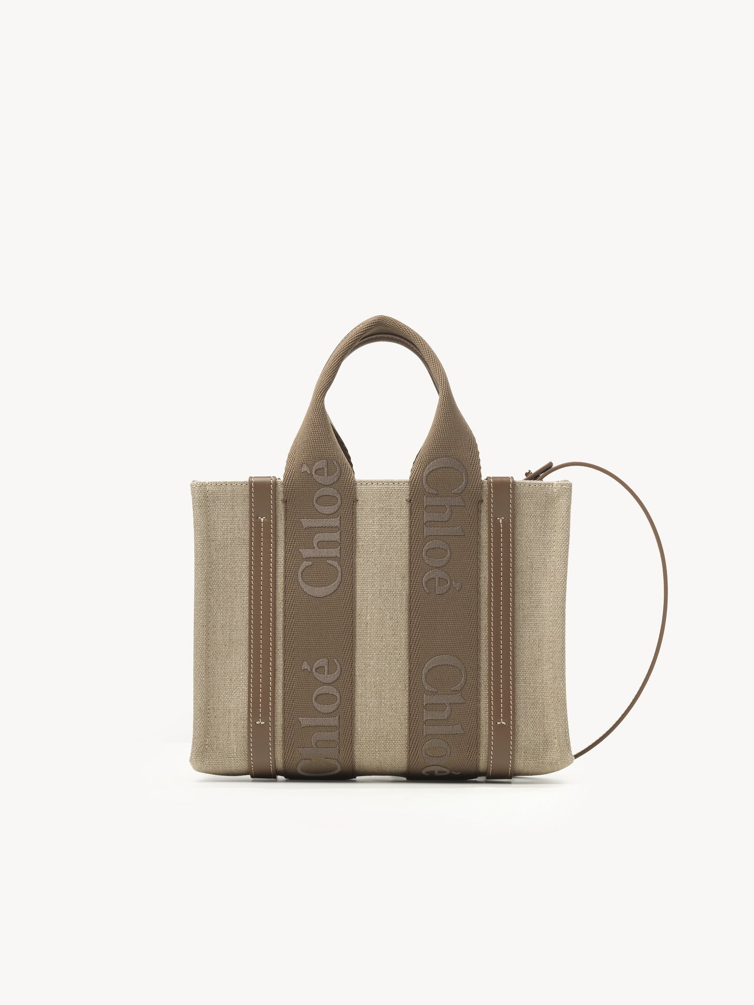 Small Woody tote bag in linen Linen canvas, calfskin and webbing with Chloé logo embroidery
Dark Nut