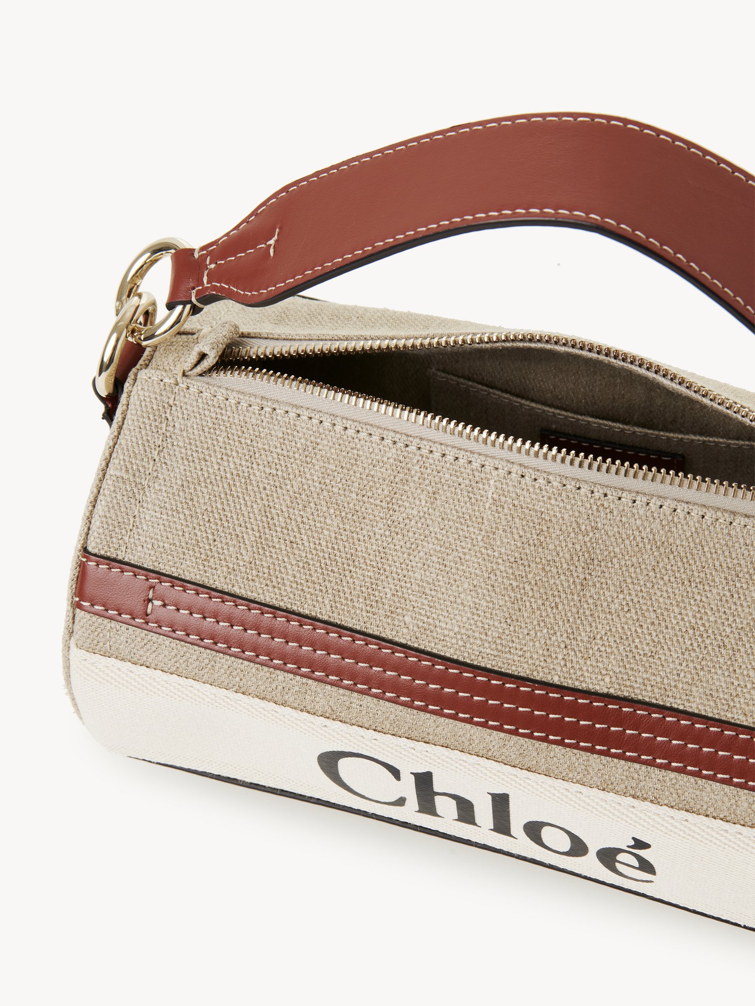 Woody tube shoulder bag in linen & soft leather Chloé logo webbing, linen canvas & calfskin
White - Brown 