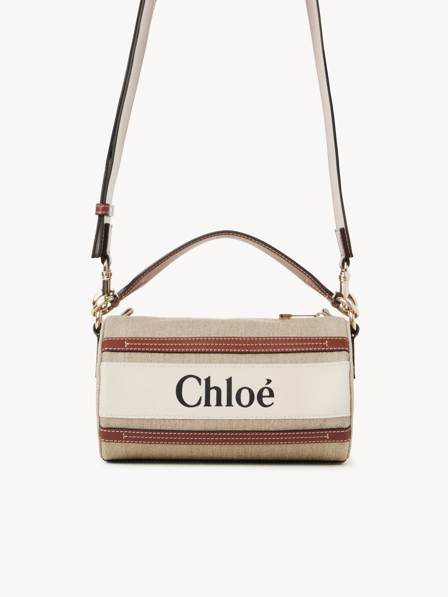 Woody tube shoulder bag in linen & soft leather Chloé logo webbing, linen canvas & calfskin
White - Brown 