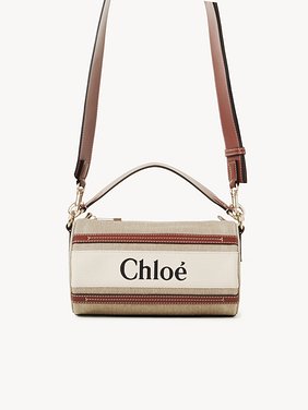 Woody tube shoulder bag in linen & soft leather Chloé logo webbing, linen canvas & calfskin
White - Brown