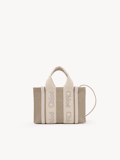 Mini Woody tote bag in linen & leather