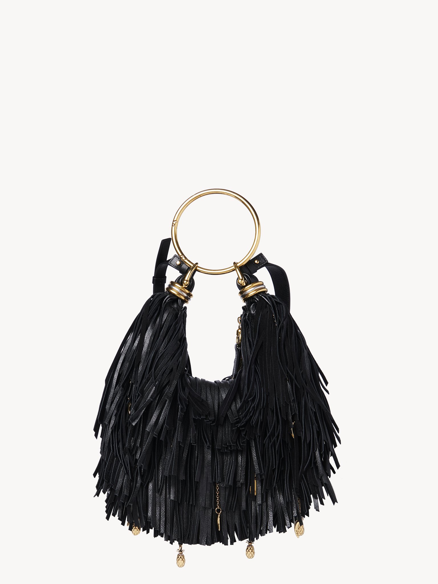 Small Bracelet Hobo bag in fringed leather Fringed buffalo leather with metal ornaments
Black