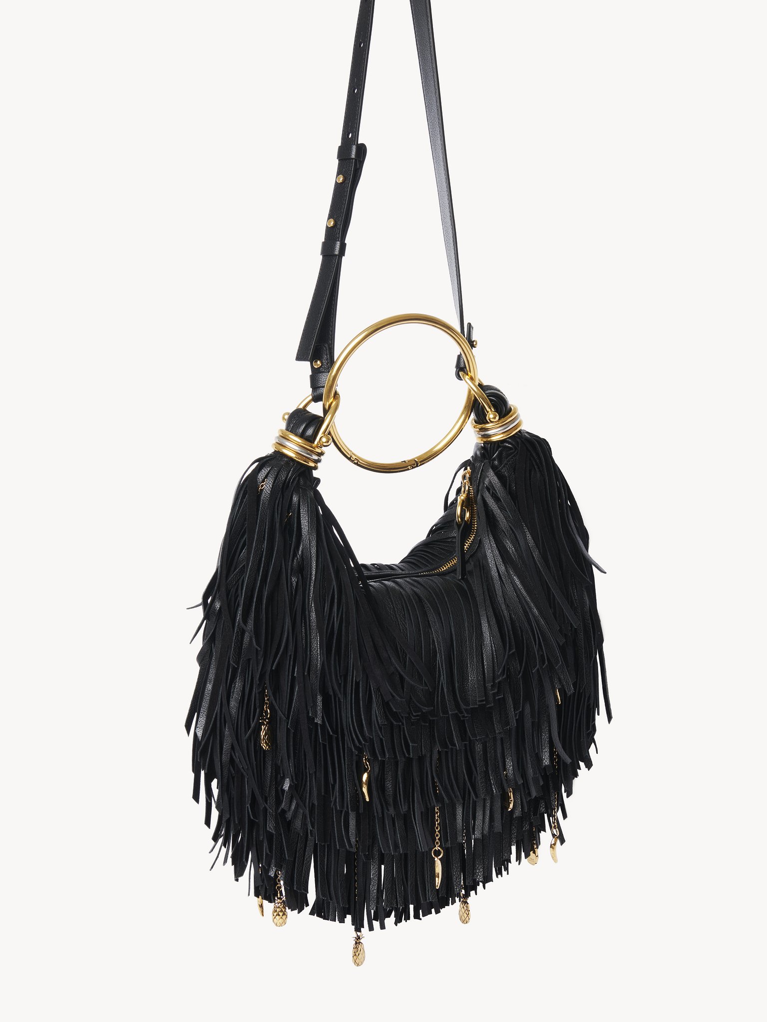 Small Bracelet Hobo bag in fringed leather Fringed buffalo leather with metal ornaments
Black Product detail