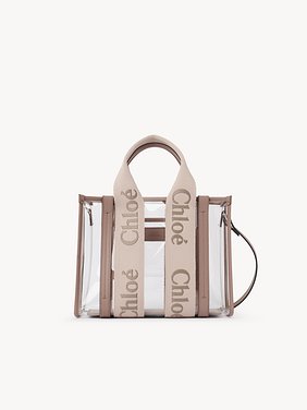 Bolso tote pequeño Woody de plástico transparente y cuero Plástico transparente y cuero
Blushy Beige