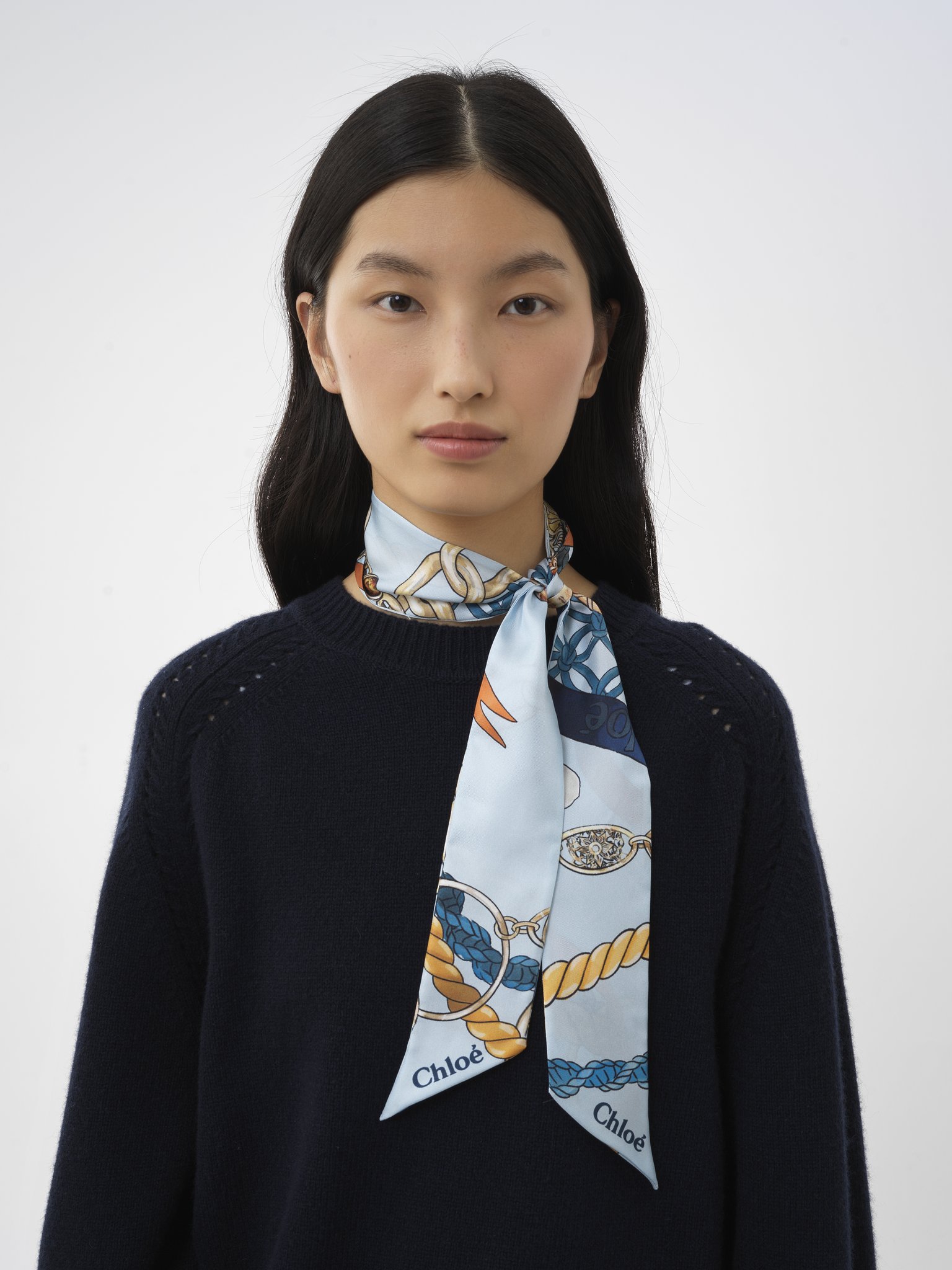 Bandeau scarf in silk Chloé signature print on organic silk
Silky Blue Back view of the product